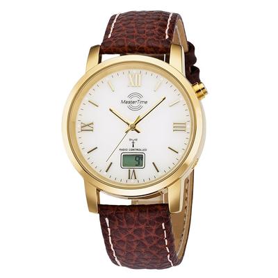 Funkuhr MASTER TIME, braun, Armbanduhren, Herren, Funkuhr, Armbanduhr, Quarzuhr, Herrenuhr, Datum, Lederarmband, Langzeitbatterie