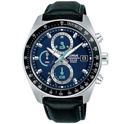 Chronograph LORUS "Sports Solar Chronograph", blau (schwarz, nachtblau), Armbanduhren, Herren, Chronograph, Armbanduhr, Solar, Herrenuhr, Lederarmband, analog, Tag
