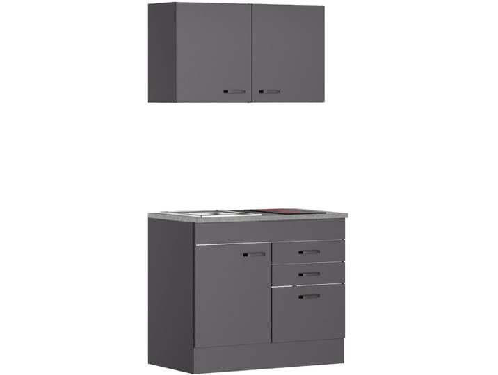 Pantryküche OPTIFIT OPTImulti , grau (küche: grau, front: anthrazitfarben, korpus: anthrazitfarben, arbeitsplatte: fantasiedekor grau), B:100cm H:210cm T:60cm, Komplettküchen-Sets, Breite 100 cm, mit 2-Platten-Glaskeramikkochfeld