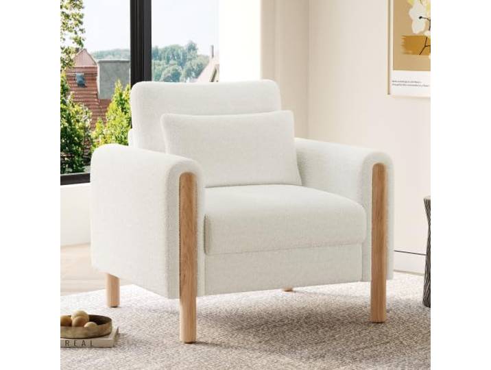 Merax Einzelsofa Sessel Lounge-Sofa Teddy-Stoff mit dicken Kissen & Armlehnen – Bequemer Relaxsessel 1-Sitzer für Wohnzimmer, Schlafzimmer & Büro, Weiß