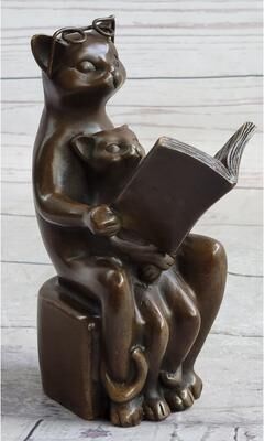 Bronzhaus Charming Handcrafted Imitative Cat With Baby Telling Stories Bronze Sculpture Figurine