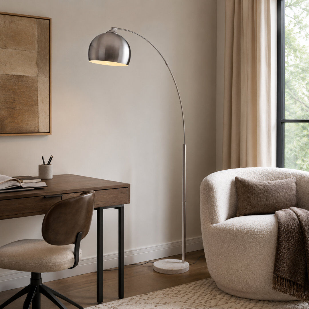 Ebern Designs Hartfield 173cm Arched Floor Lamp Arc Floor Lamp with Bell Metal Shade and Solid Marble Base Nickle 173cm H X 32cm W X 110.2cm D