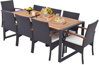 Costway 9 Pieces Patio Rattan Dining Set with Acacia Wood Table for Backyard, Garden-Wood Handrail