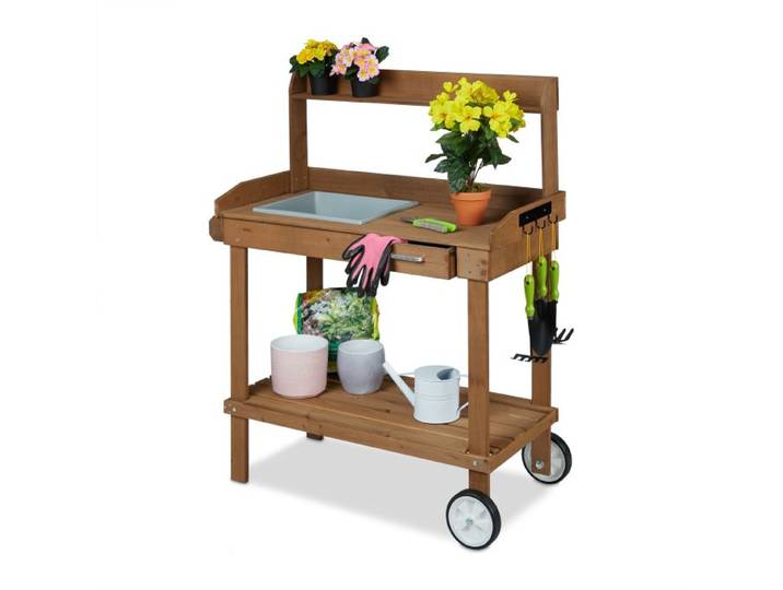 Relaxdays Brauner Pflanztisch mit Rollen