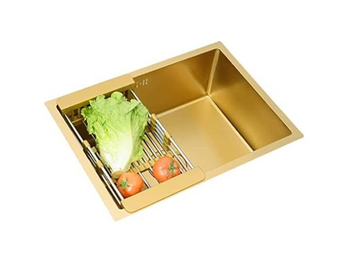 ExpressLeopard Küchenspüle, Goldene Einzelschüssel-Küchenspüle, Einbau- Oder Unterbauinstallation, Leicht Zu Reinigen, Handgefertigte Barvorbereitungsspüle Mit Abfluss (Color : Gold, Size : 60x40cm)