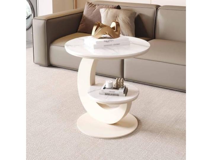 KAFHGEIN Runder Beistelltisch mit Sintersteinplatte und Metallbasis Moderner Beistelltisch Couch mit mehrstufigem Stauraum für Sofa, Bett und Schlafzimmer