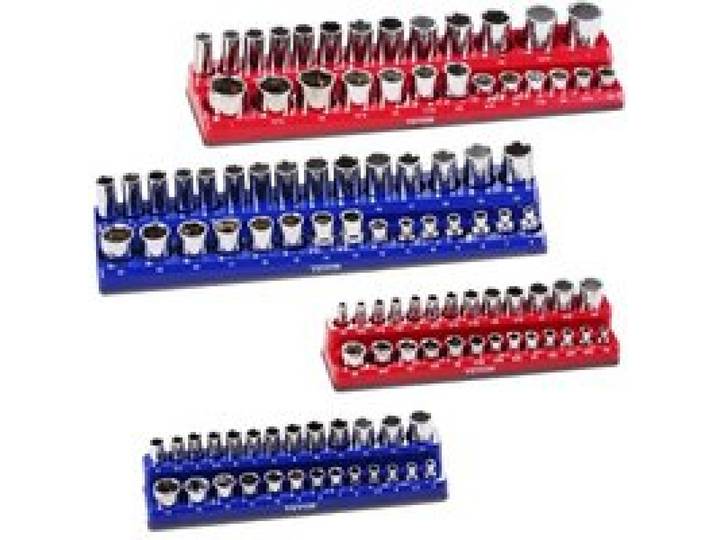 VEVOR Kit Organisateurs de Douilles Magnétiques, 4 Plateaux de Douilles Métriques SAE 1/4'', 3/8'', Étiquettes Transparentes, Capacité 108 Douilles Standard et Profondes Non Incluses, Bleu & Rouge