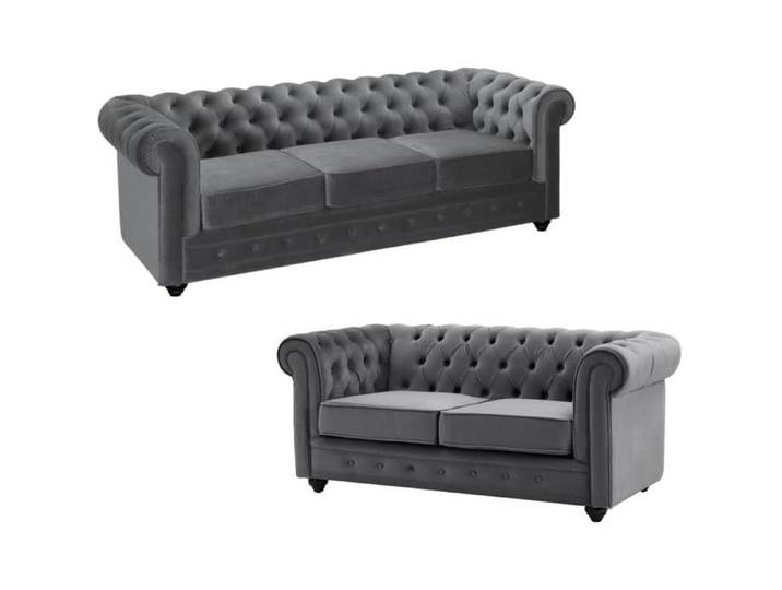 Vente-unique - Canapé Chesterfield 3 Places et 2 Places en Velours Gris Anthracite Assise Déhoussable