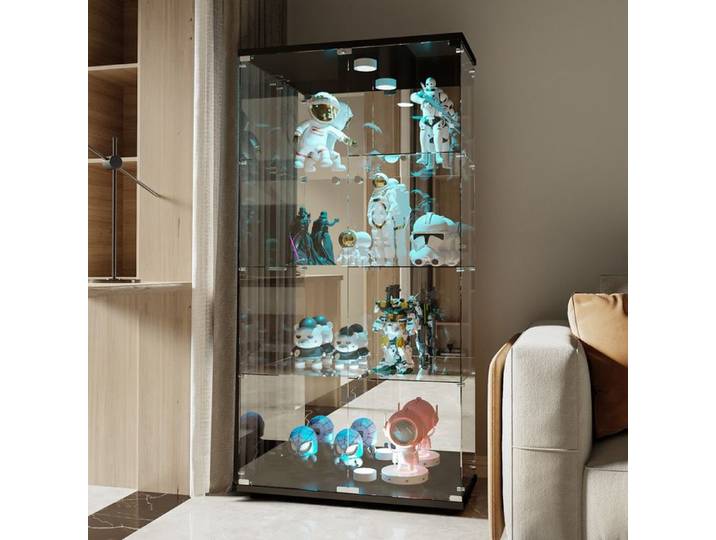 Vitrine en Verre - 2 Portes - Verre Trempé Miroir - 4 Etagères - LED Automatique