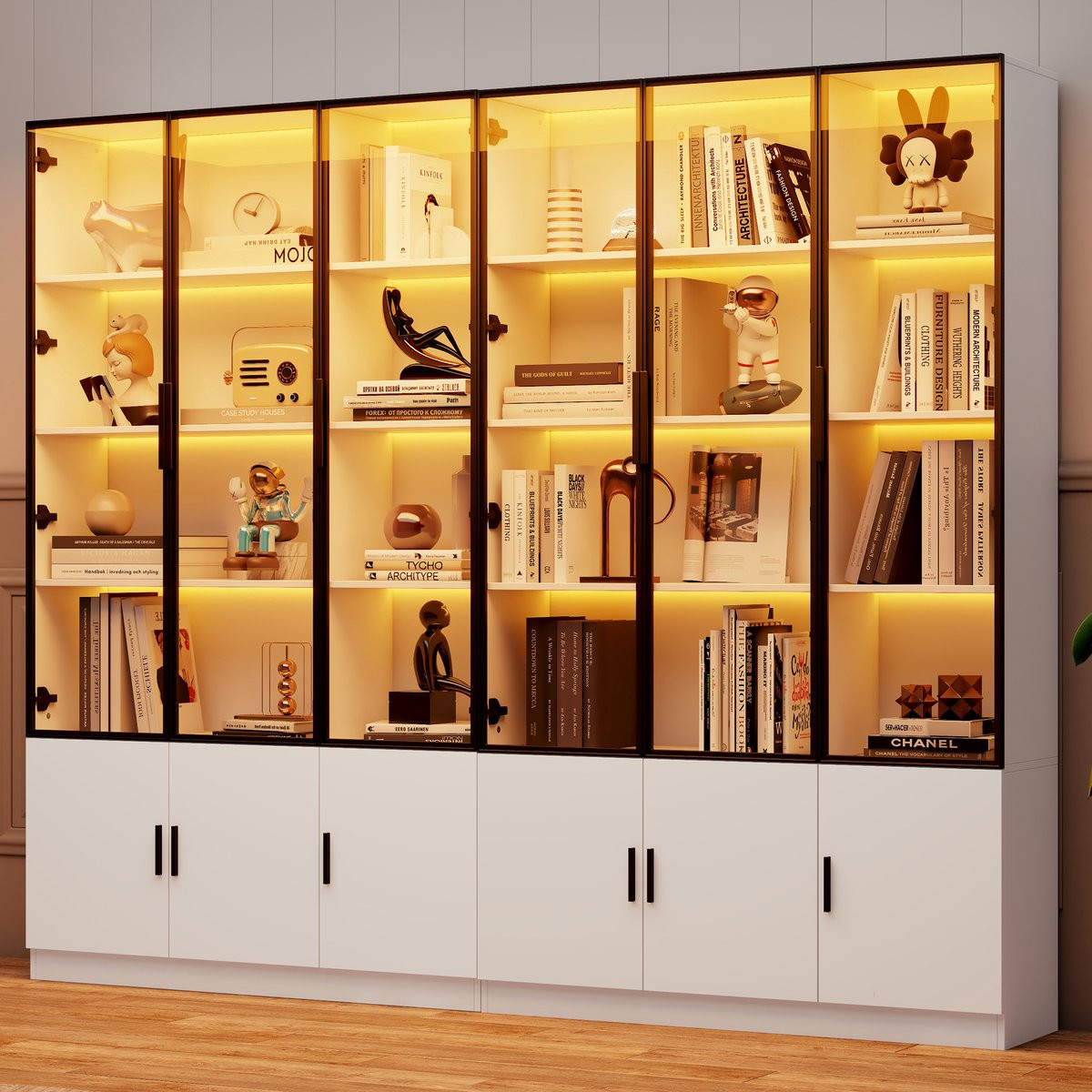 MODFU Vitrinekast met 12 glasdeuren en LED-verlichting, Wit