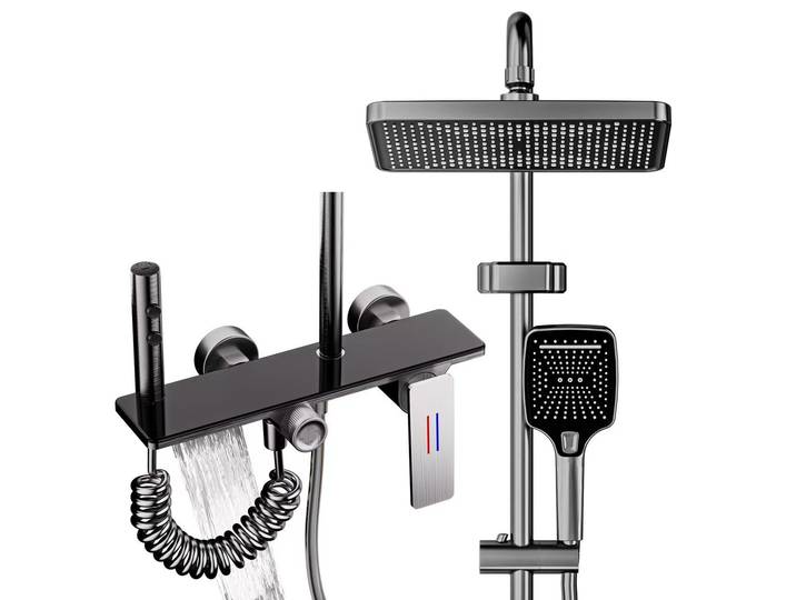 Ensemble complet de robinetterie de douche pour salle de bain, douche à effet pluie avec robinet noir, douchette, pistolet de douche et robinet de baignoire