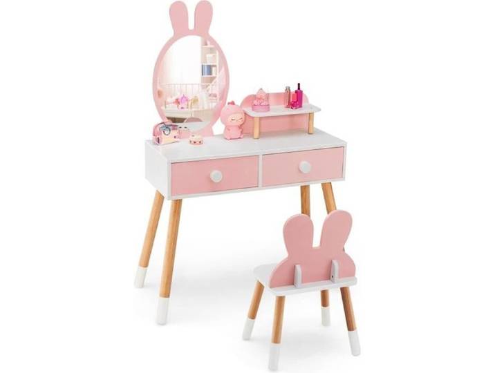 DREAMADE Coiffeuse Enfant 2 en 1 avec Miroir Amovible et Tabouret Tiroirs Doubles et Etagère Supplémentaire Charge 50 KG Rose