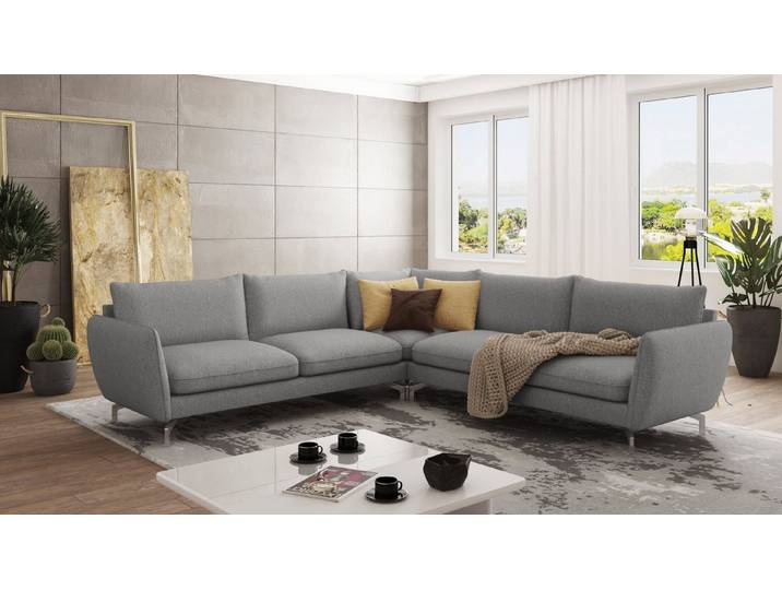S-Style Möbel Ecksofa Benita mit Silber Metall Füßen, Ottomane links oder rechts bestellbar, mit Wellenfederung