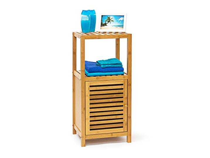 Relaxdays Badregal Bambus, Standregal mit Tür, Regal aus Holz für Bad und Wohnzimmer, Verschiedene Größen, Natur