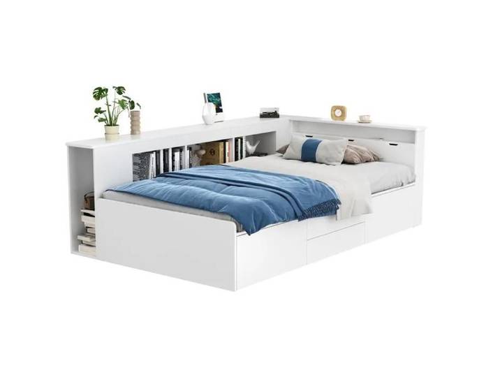 Lit enfant 90x200 cm blanc avec tiroirs étagère armoire grand espace rangement sans matelas lit multifonction chambre enfant