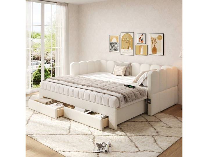 Lit rembourré avec tiroirs Logidon USB 90x190 lin beige
