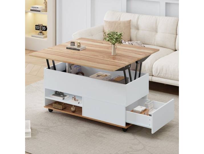 Table basse réglable en hauteur 100x98x65cm avec rangement et étagère cachés Table de Avec Roulettes et Tiroirs blanc+bois Naturelfa