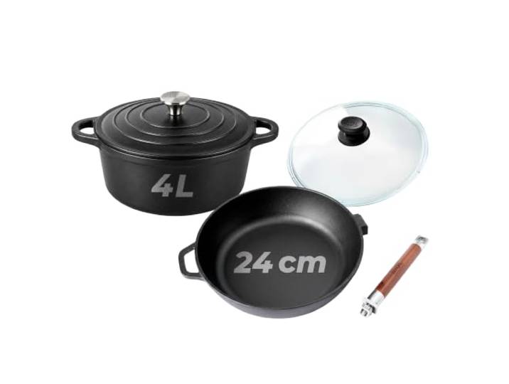 BIOL Emailliertes Gusseisen Kochgeschirr-Set – Pfanne 24 cm + Topf 4 L 2-teiliges Set mit Deckel, für Braten, Kochen & Schmoren