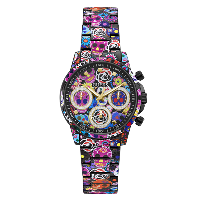 Multifunktionsuhr GUESS "CALAVERTA", bunt, Armbanduhren, Damen, Quarzuhr, Armbanduhr, Damenuhr, Edelstahlarmband, analog, Tag