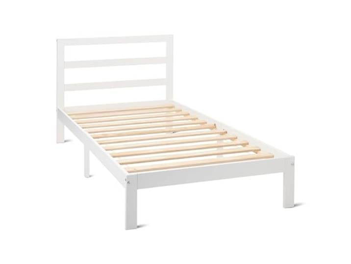 Amazon Basics Einzelbettgestell 90cm x 200cm mit Kopfteil, Bettrahmen mit Lattenrost, Massives Kiefernholz, Weiß