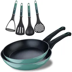BERGNER - Set mit 2 Bratpfannen Ø20-Ø24 cm Classique aus geschmiedetem Aluminium mit Antihaftbeschichtung und grünen Küchenutensilien