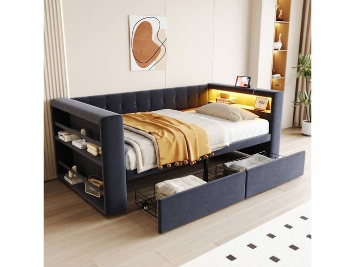 Canapé‑lit convertible - 90x190 cm - Rangements intégrés - LED & prises - Flanelle gris foncé
