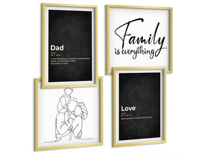 BILDER SET 4er Set - 50x50 cm & 40x60 cm Goldrahmen - Definitionen der Liebe in Familienzeichnungen