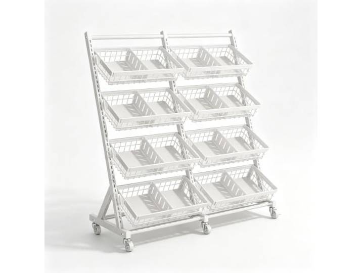 XINMAIZI 96 cm breiter Snack-Regalständer mit Rollen, Metall-Verkaufsregal Freistehender Chips-Regal-Präsentationsständer für Supermärkte, Kioske, Küchen, Vorratskammern(8 baskets)