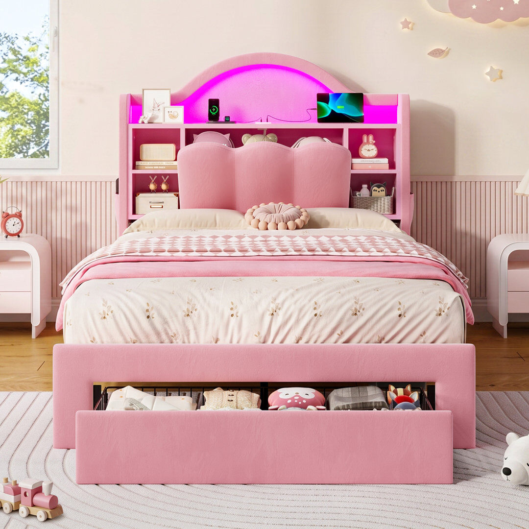Canora Grey Single Bed with Storage Headboard & Drawers Pink 105cm H X 95cm W X 207cm L