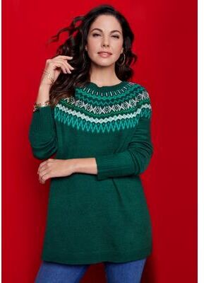 Plus Size Women's Fair Isle Pullover Sweater by Roaman's in Emerald Green Classic Fair Isle (Size 12)