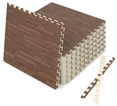 Costway 25 Tiles Wood Grain Foam Floor Mats with Borders-Brown
