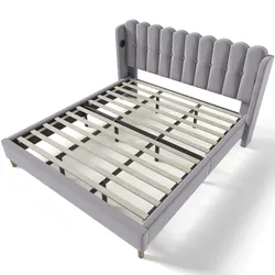 OKWISH Polsterbett Leinen grau 180x200 cm, USB- und Typ-C-Ladefunktion, gepolstertes Kopfteil