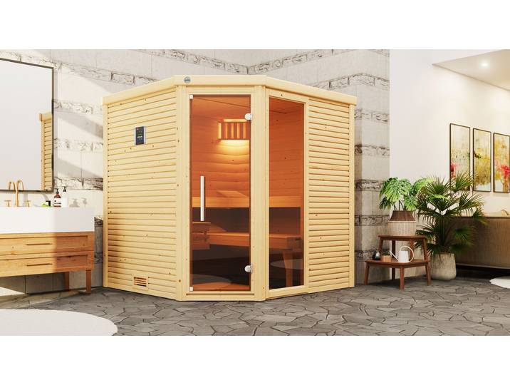 Sauna WEKA Design-Sauna CUBILIS 2 , beige (natur), ohne Ofen, ohne Steuerung, (ohne Ofen), Saunen, Sauna, Blockbohlen im wekaLine-Profil, Fensterelement, Ganzglastür
