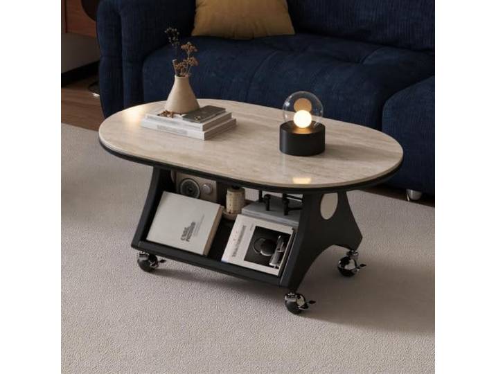 Ovaler Massivholz-Couchtisch mit Rollen, Französischer Vintage-Stil Massivholz-Konstruktion, ovales Design, mobile Rollen, Creme-Stil, französischer Vintage, Möbel für kleine Räume, Wohnzimmer