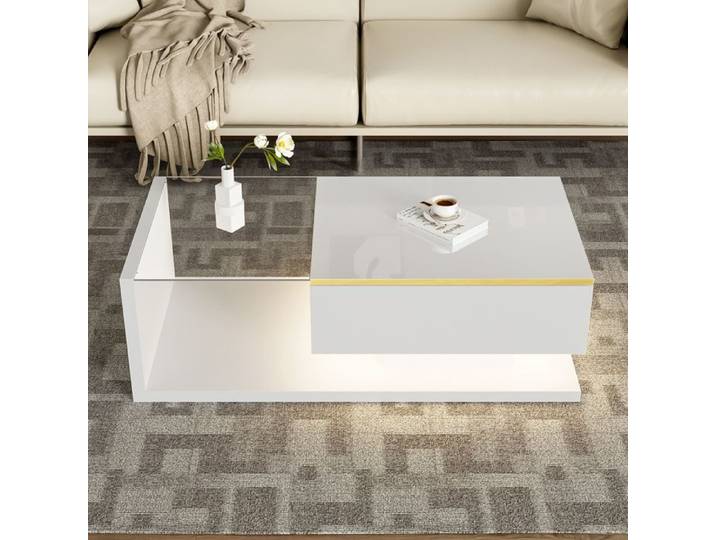 Table basse moderne - Finition brillante -Verre - Éclairage LED - Rangement - Blanc