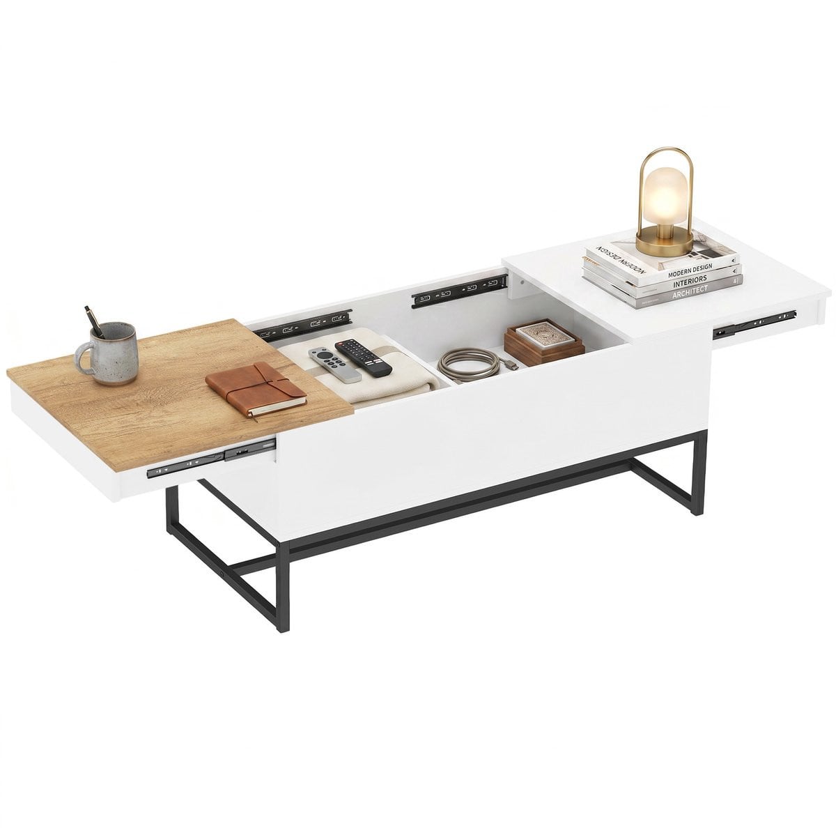 Uitschuifbare salontafel met schuifblad en verborgen opbergruimte, wit