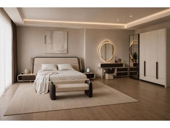 Xlmoebel Schlafzimmer-Set Schlafzimmer Set Bettanlage Bank Schminkplatz Schrank Beige, (Schlafzimmer Set, 10-tlg., 10-tlg)