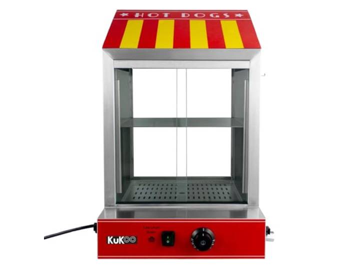 Hot Dog Dampfgarer, elektrischer Wärmer aus Edelstahl, Maschine, kommerzielle Schiebetüren, abnehmbar, massives Regal, 2 geriebene Tabletts, verstellbares Thermostat, 30 °C – 110 °C, 2000 W,