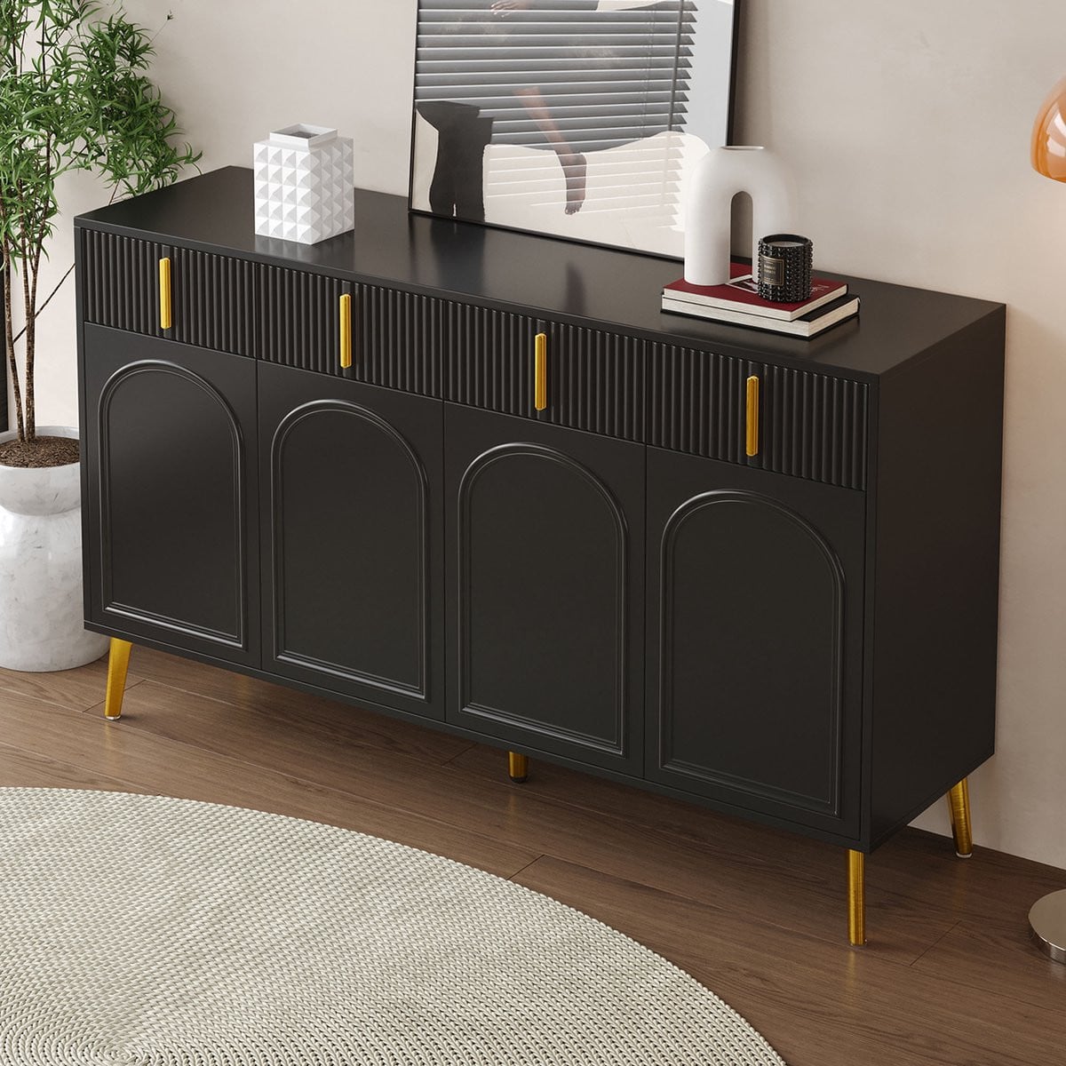 REDOM Luxe Dressoir met Gouden Poten en Boog-motief - Zwart Sideboard met 4 Lades - Breedte: 140 cm