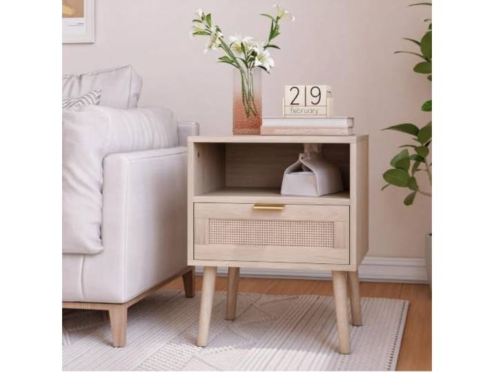 Bellemave Böhmischer Nachttisch,Rattan Design,offenem Regal,Eiche Schublade mit Goldgriff,MDF & Spanplatten Aufbau,großer Stauraum,pflegeleicht,für Schlafzimmer und Wohnzimmer