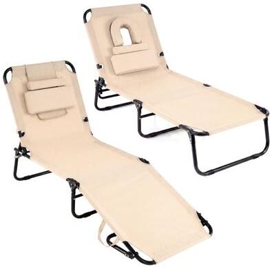 Costway Set of 2 Folding Face Down Tanning Chair with Face Hole 3 Removable Pillows-Beige