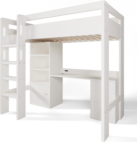 Hochbett 90x200cm Ohne Matratze Weiss Kinderbett USB-C Schreibtisch Kleiderschrank Archivschrank Mit Treppe Lattenrost Aufbewahrungsraum