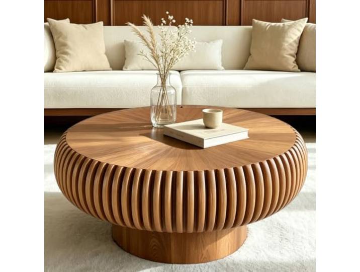 WUPDPQS 31 Runder Trommel Holz Geriffelter Couchtisch für Wohnzimmer, Holzfurnier Tischplatte & Basis, Handgefertigt Massivholzrillen, Modern Runde Kaffeetisch Für kleine Räume