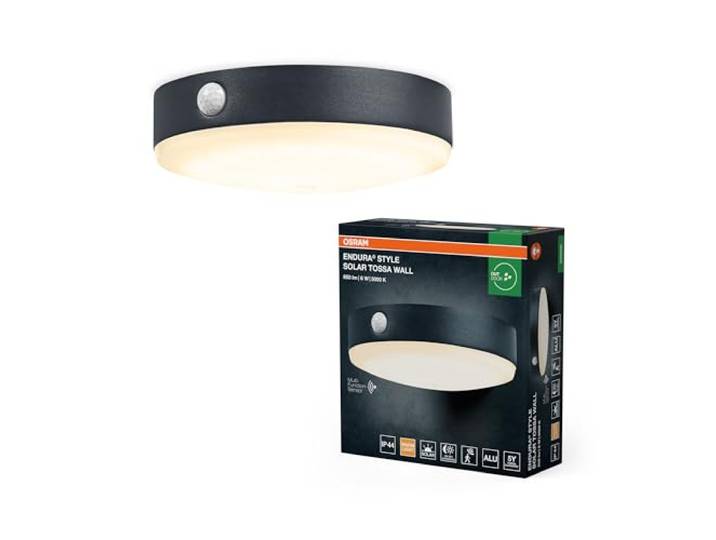Osram ENDURA Style Solar-Wandleuchte Tossa, warmweißes Licht (3000K), integrierter Sensor, ohne Strom nutzbar, bis acht Stunden Brenndauer, Schutzklasse IP44, schwarz