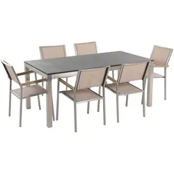 GARTENMÖBEL SET 6-Sitzer Naturstein schwarz geflammt Textilbespannung beige Grosseto