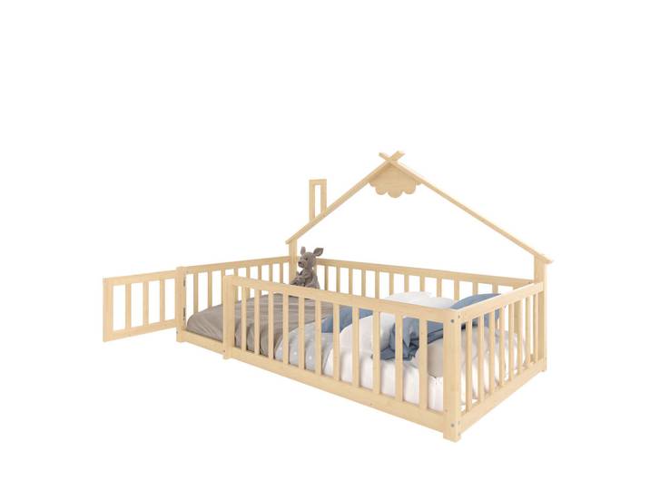 Flieks Flachbett 90x190cm Natur Kiefer Kinderbett Hausleiste Geländer, Naturfarben, Holz, 90x190 cm, Schlafzimmer, Betten
