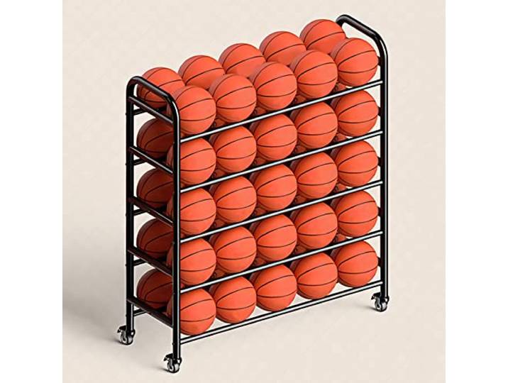 whalebee Basketball Ballregal 4 Ebenen 5 Ebenen Ball Aufbewahrung Regal Schwarz Weiß Standing Rack Mit Rädern, Großes Fassungsvermögen Länge 123cm 140cm Für Sporthallen, Schulen Und Sportsclubs