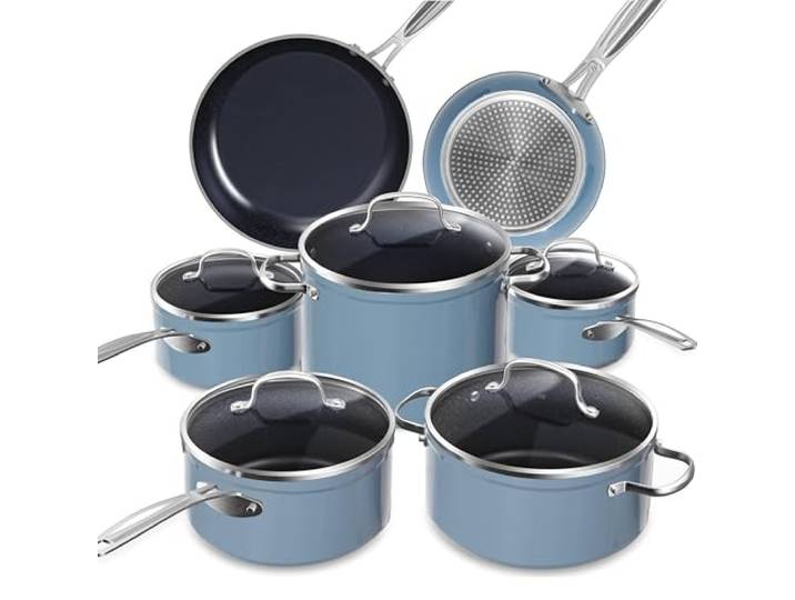 Nuwave 12-teiliges Kochgeschirr in Blau, Duralon Keramik, PFAS-Frei G10 Antihaft-Keramik; 9H-Hart, Abrieb- & Verfärbungsfest; Ofenfest bis 260 °C; für Alle Kochfelder Geeignet