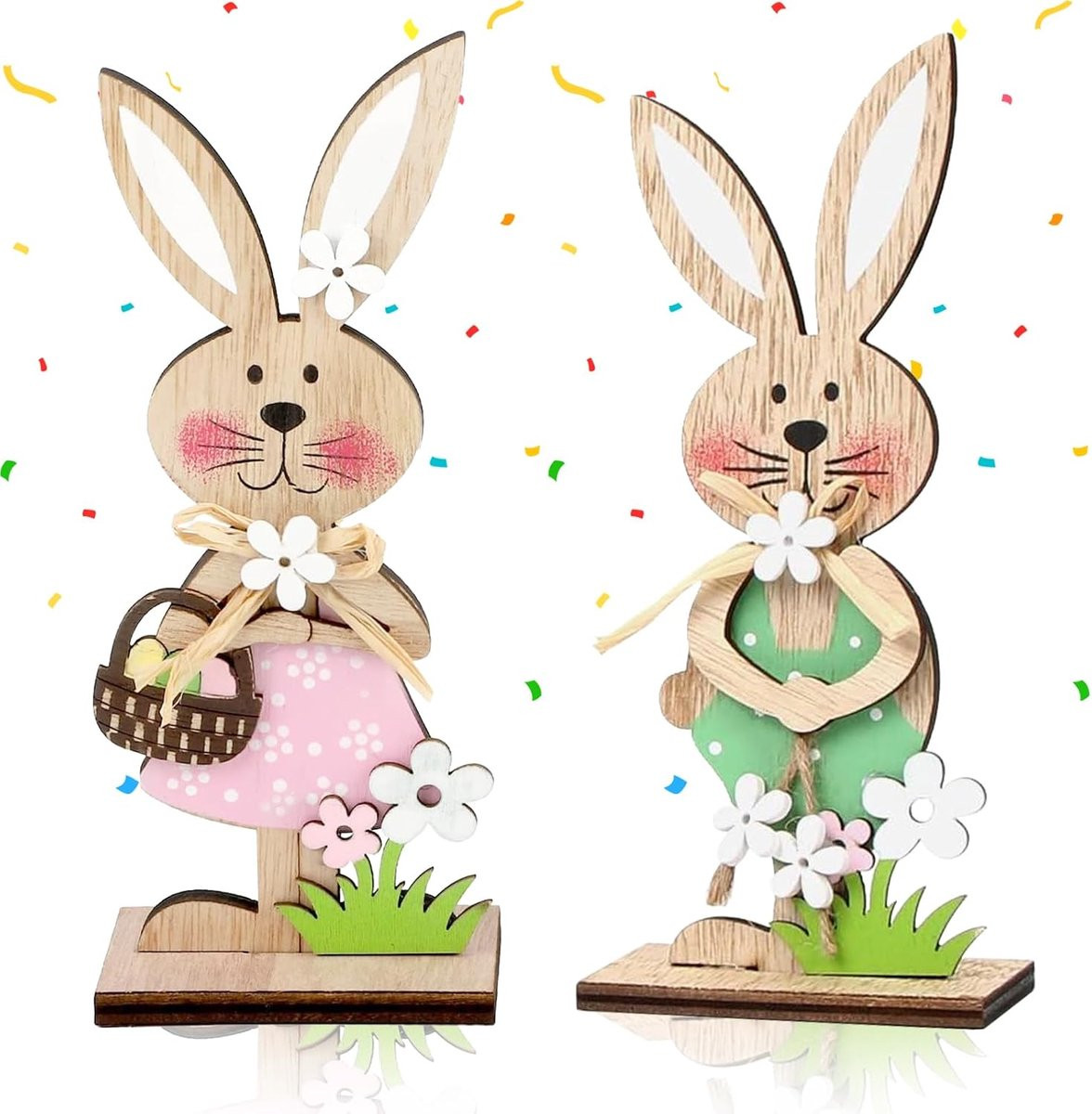 Houten Paashaas Decoratie Set met 2 Vrijstaande Konijnen, Mand en Bloem van ShopVlot