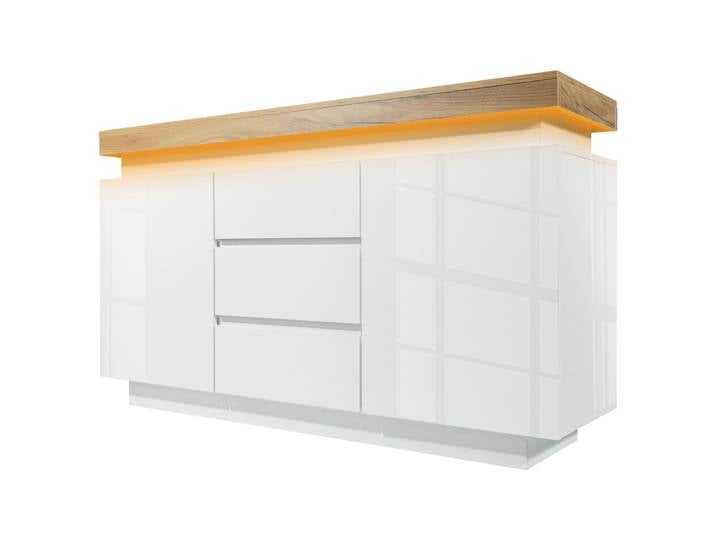 Buffet blanc brillant avec éclairage LED et plateau bois moderne